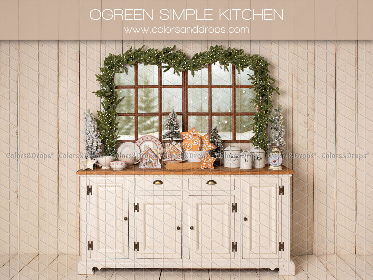 Fondo fotográfico de Navidad Ogreen Simple Kitchen – aparador blanco con ventana y guirnalda de abeto | Colors&Drops