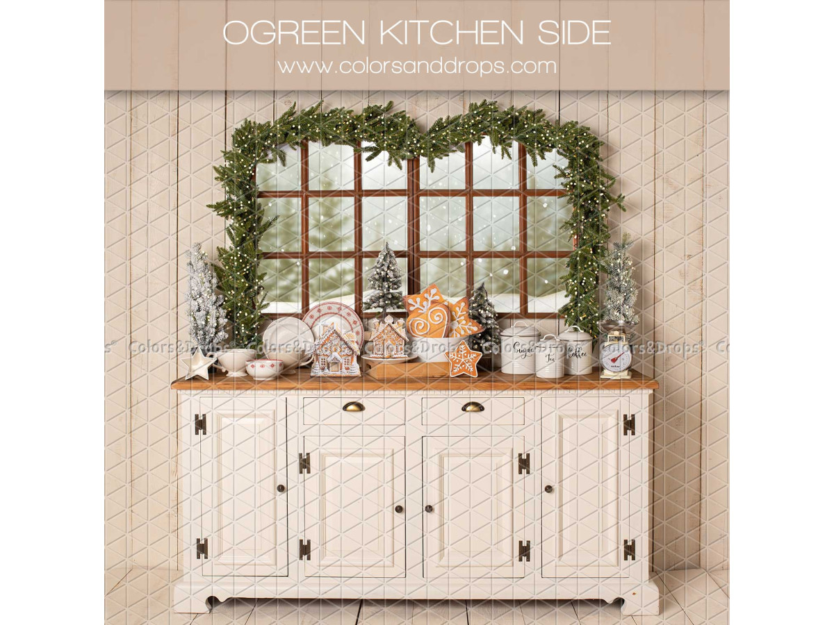 Fondo fotográfico lateral de Navidad Ogreen Simple Kitchen Side – aparador blanco de cocina con ventana y | Colors&Drops