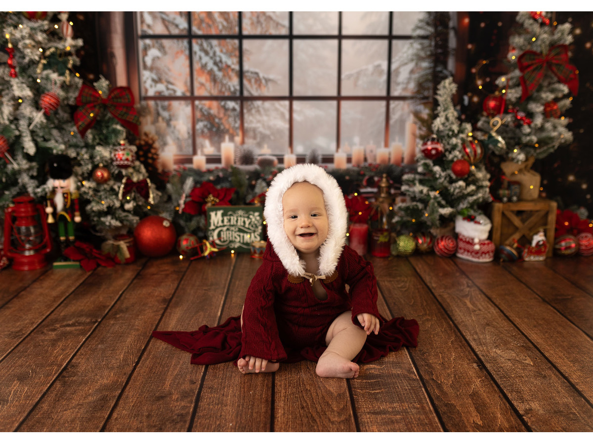 Photo backdrop Christmas Arch – large arched window with candles and Christmas trees | Colors&Drops