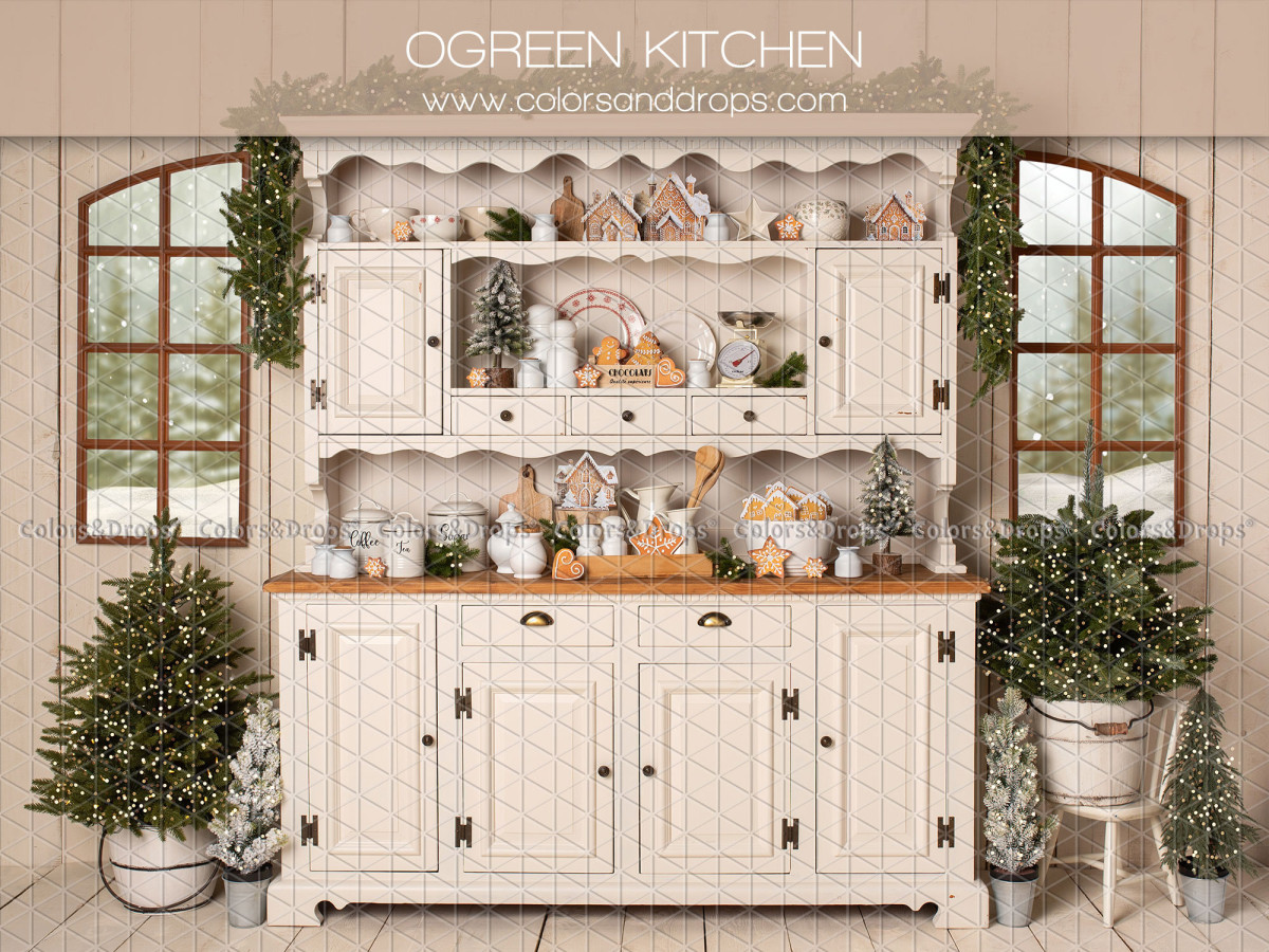 Fond photo de Noël Ogreen Kitchen – vaisselier blanc avec fenêtres et sapins | Colors&Drops