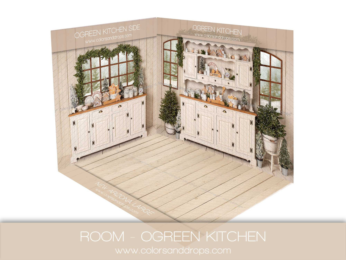 Fondo fotográfico de esquina de Navidad Ogreen Kitchen – cocina blanca navideña con suelo de madera | Colors&Drops