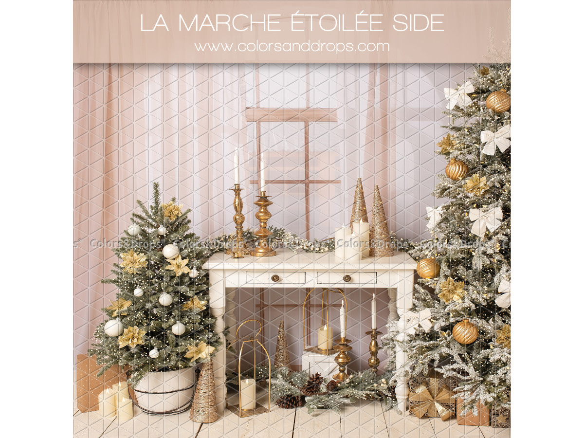Fondo fotográfico lateral de Navidad La Marche Etoilee Side – consola blanca con árboles dorados y estrellas | Colors&Drops