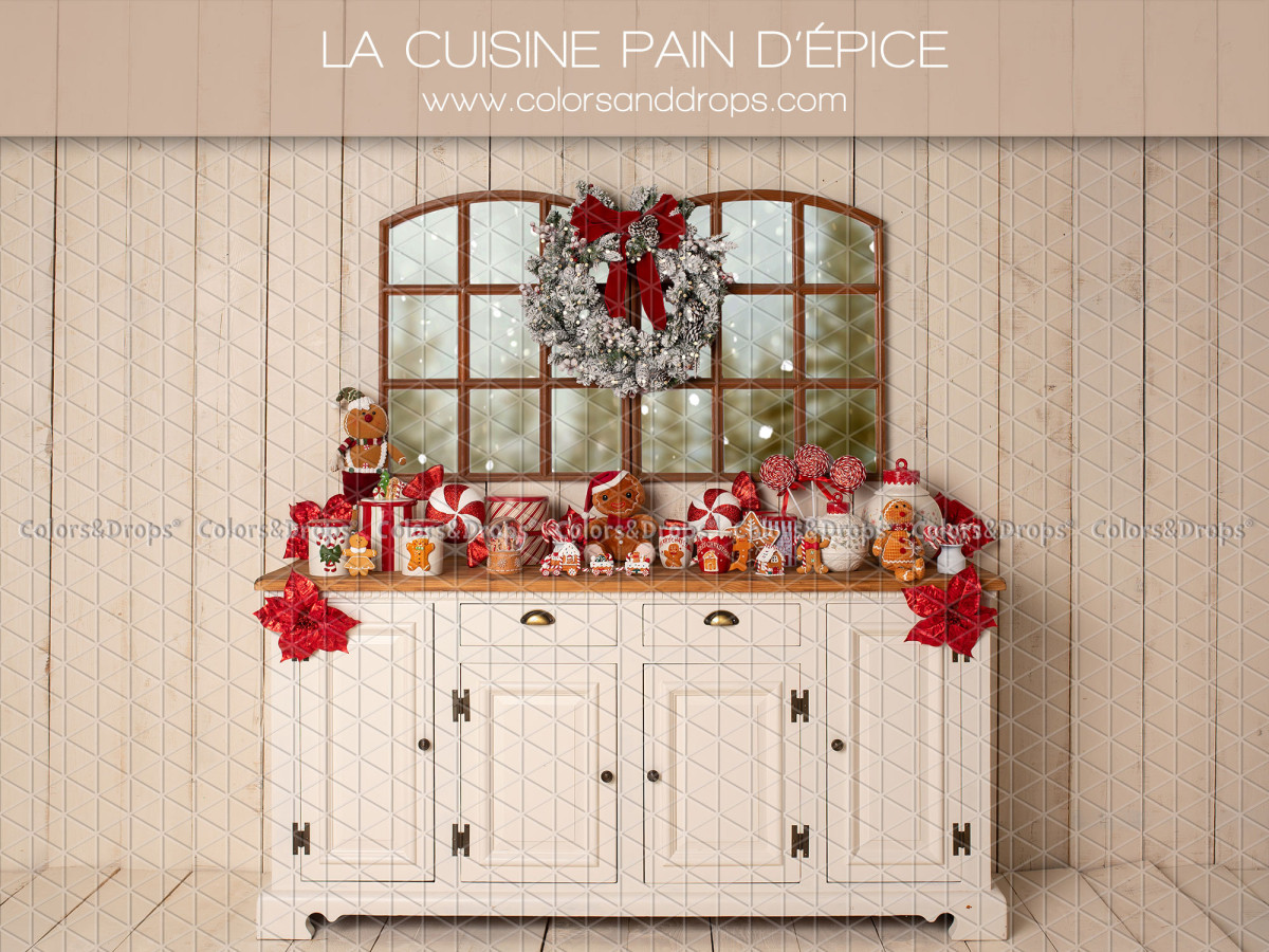 Fond photo de Noël La Cuisine Pain D'Epice – buffet blanc avec bonbons de Noël et fenêtre | Colors&Drops