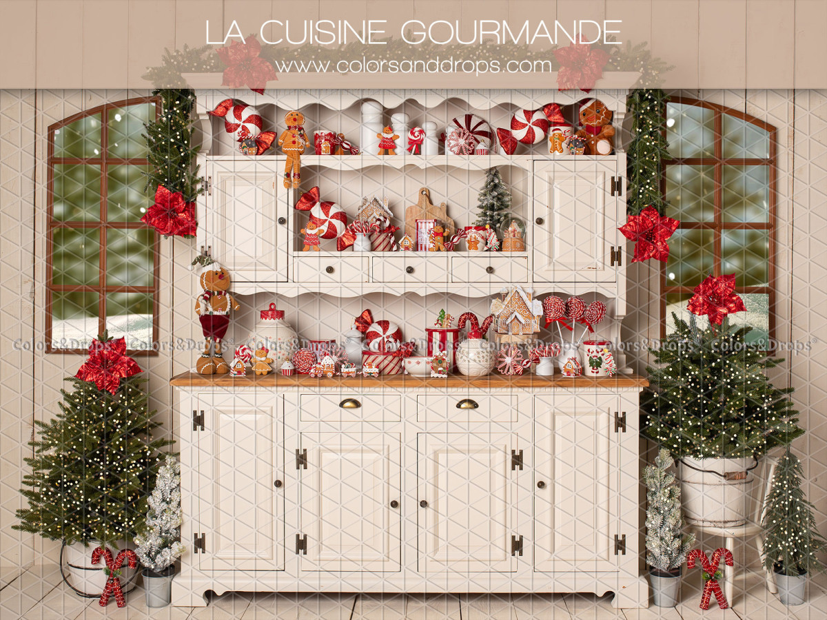 Fondo fotográfico de Navidad La Cuisine Gourmande – aparador vitrina blanco lleno de golosinas navideñas | Colors&Drops