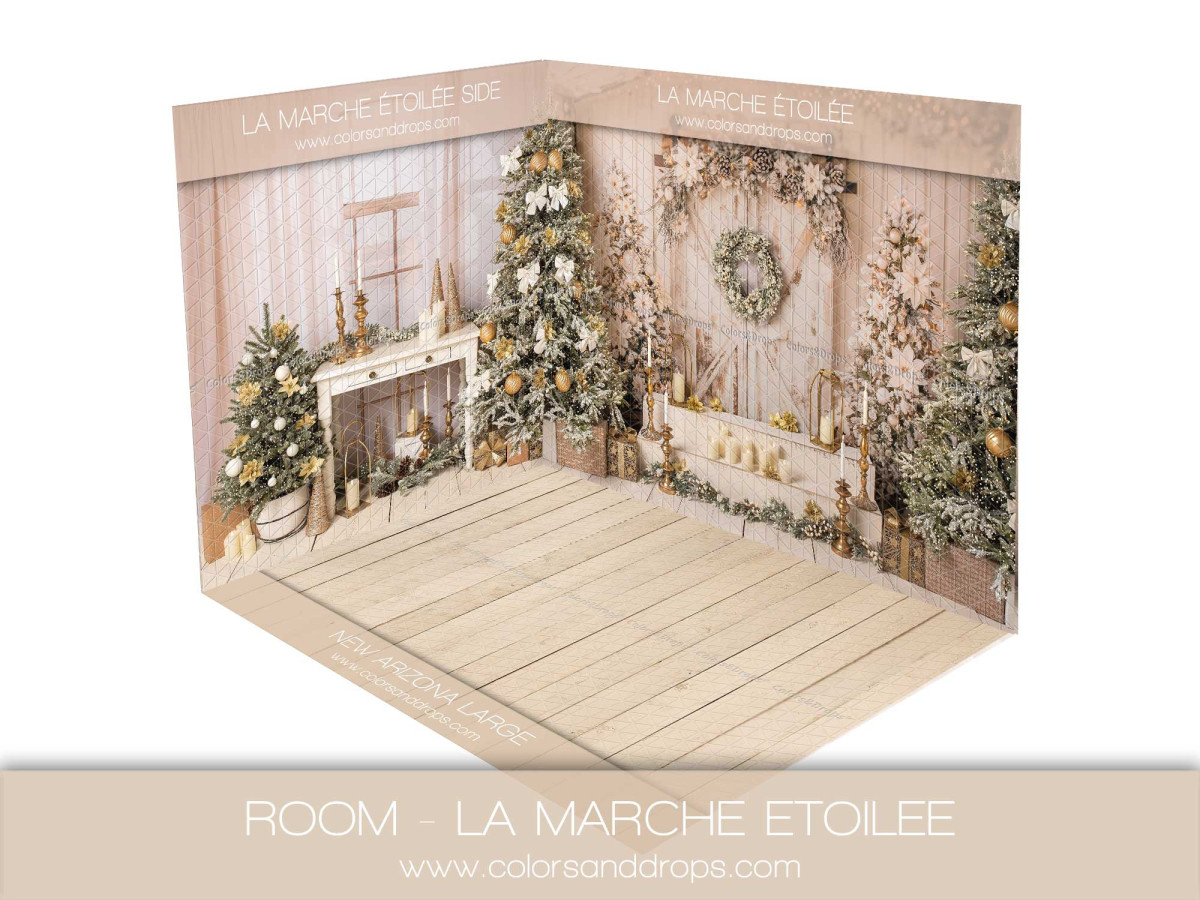 Fond photo d'angle de Noël La Marche Etoilee – marches de Noël dorées avec plancher | Colors&Drops