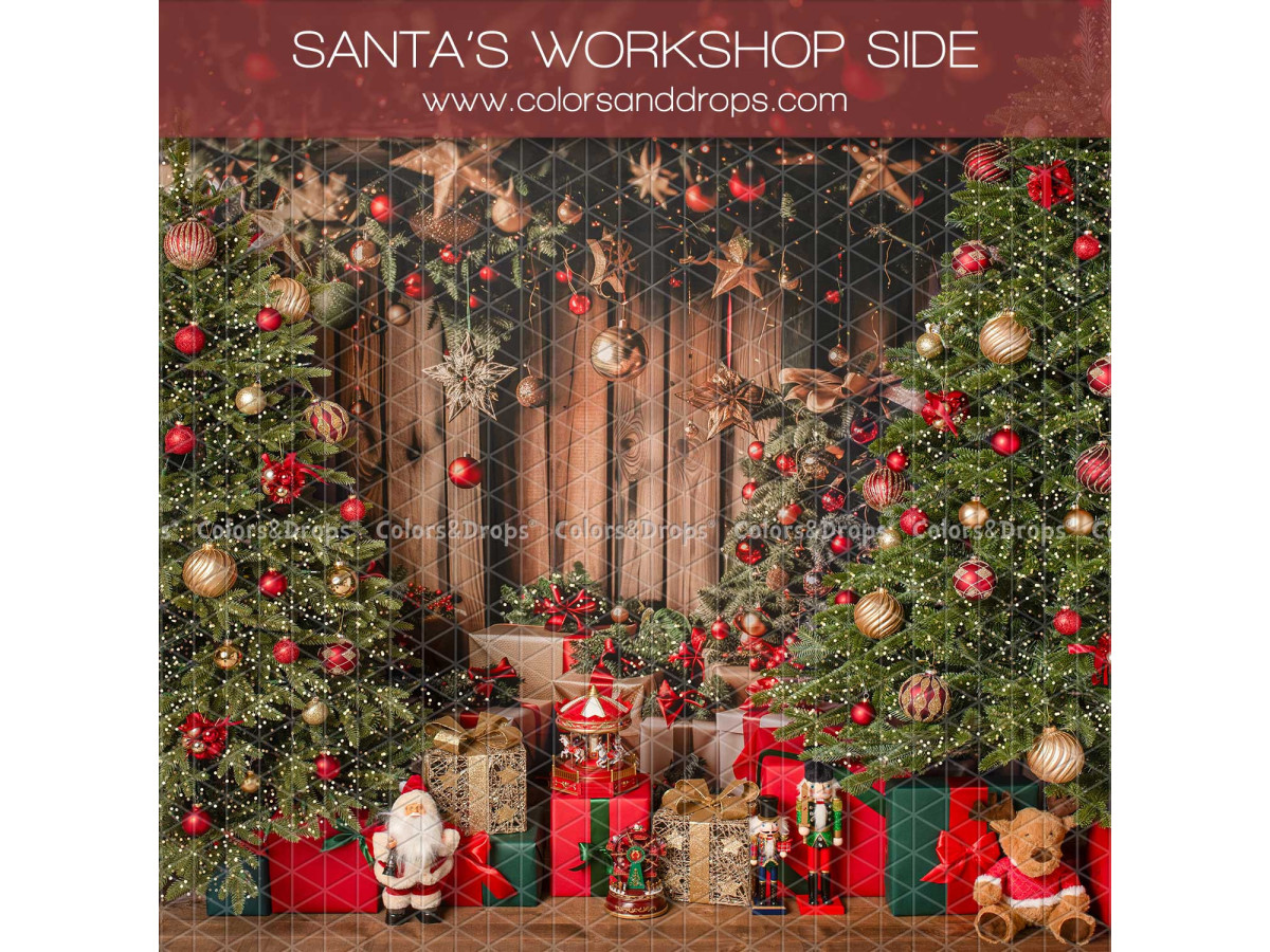 Christmas side photo backdrop Santas Workshop Side – Christmas trees with gifts on starry wooden wall | Colors&Drops