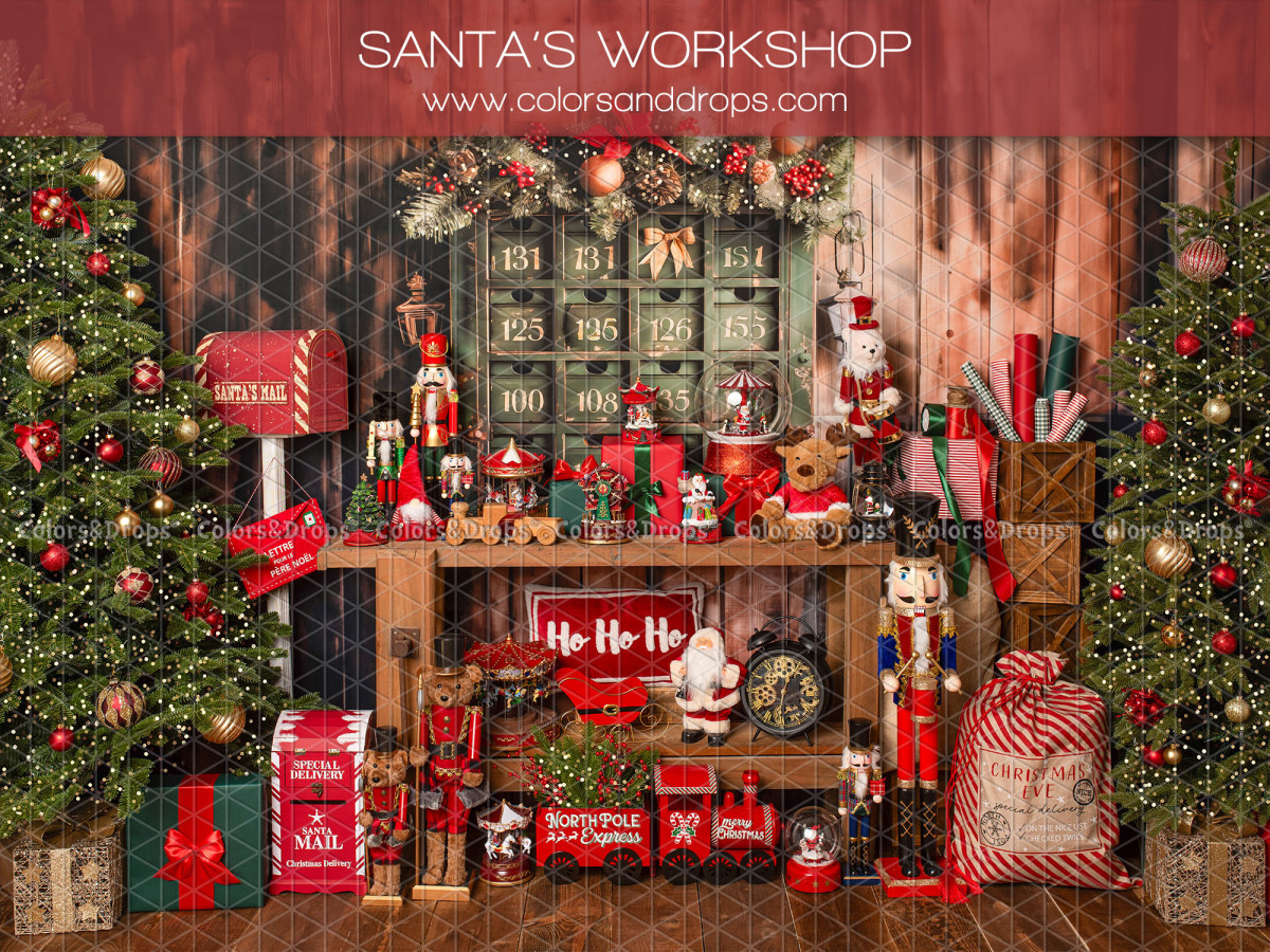 Fond photo de Noël Santas Workshop – atelier du Père Noël avec casse-noisettes et établi | Colors&Drops