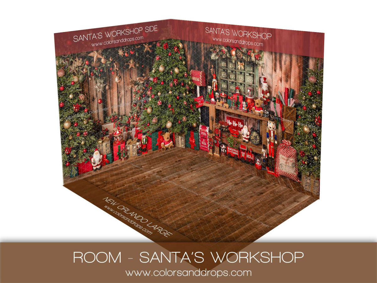 Christmas corner photo backdrop Santas Workshop – Santa's workshop with wooden floor | Colors&Drops