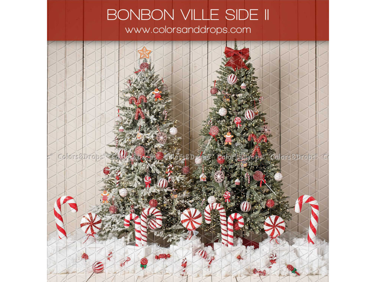 Fondo fotográfico lateral de Navidad Bonbon Ville Side II – abetos escarchados con bastones de caramelo sobre | Colors&Drops