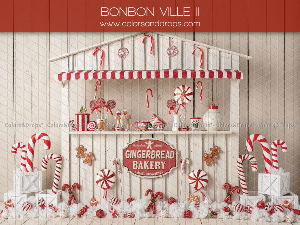 BONBONBONVILLE II, Bonbon Stand, Candy cane rojo y blanco, Fondo foto