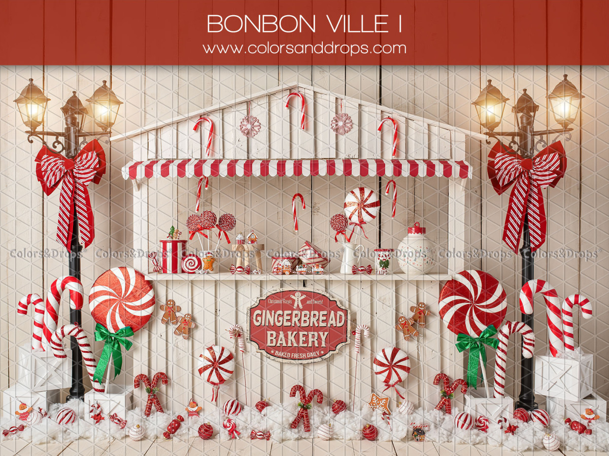 BONBONVILLE I, Stand en bois, Bonbons et sucres d'orge, Fond photo