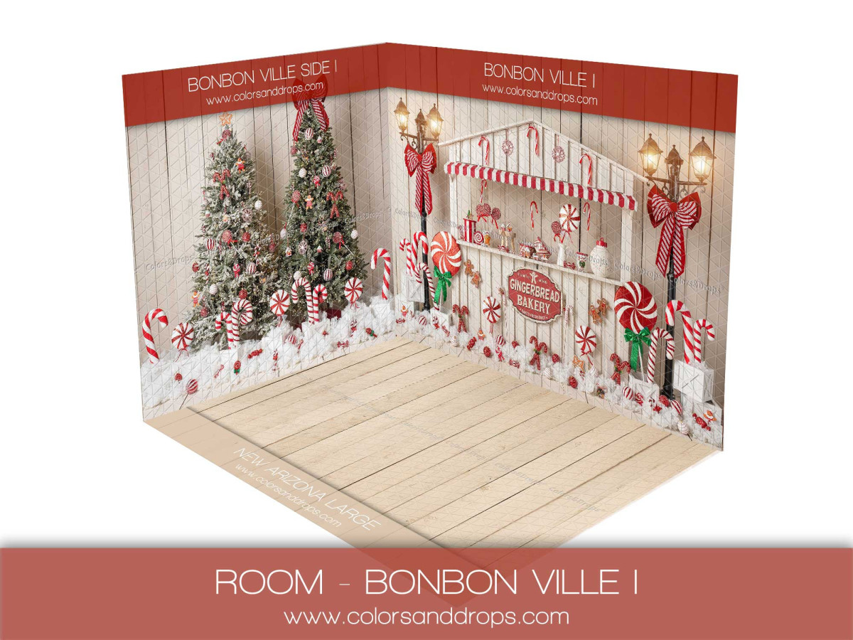 Fond photo d'angle de Noël Bonbonville I – stand de bonbons avec sapins | Colors&Drops