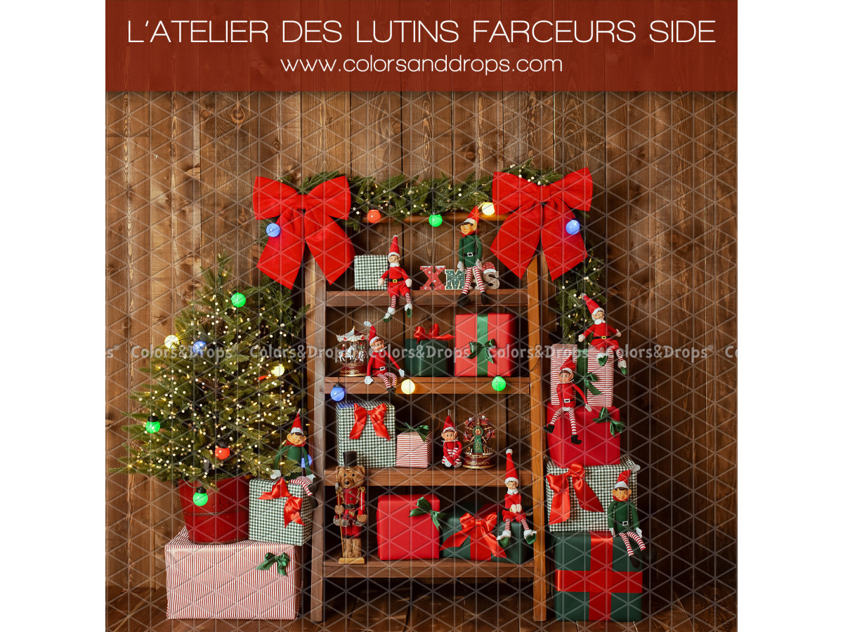 Fond photo latéral de Noël L'Atelier des Lutins Farceurs Side – étagère de lutins avec nœuds rouges et cadeaux | Colors&Drops