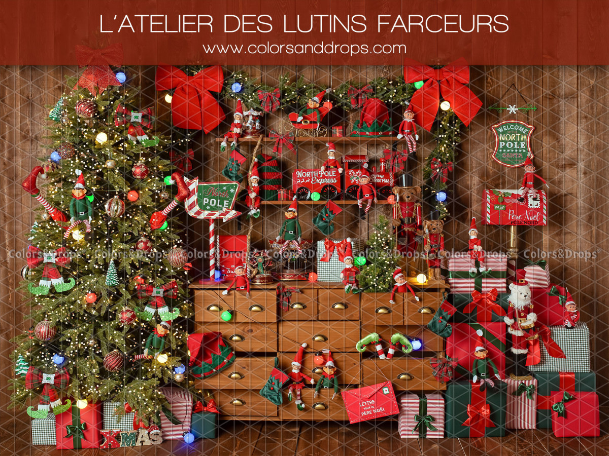 Fondo fotográfico de Navidad L'Atelier des Lutins Farceurs – taller de duendes con cómoda, árbol y regalos | Colors&Drops