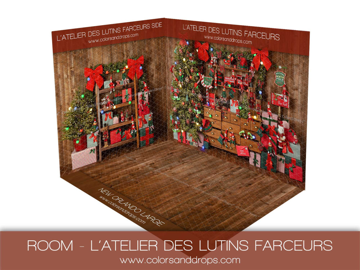 Fondo fotográfico de esquina de Navidad L'Atelier des Lutins Farceurs – taller de duendes con parquet | Colors&Drops