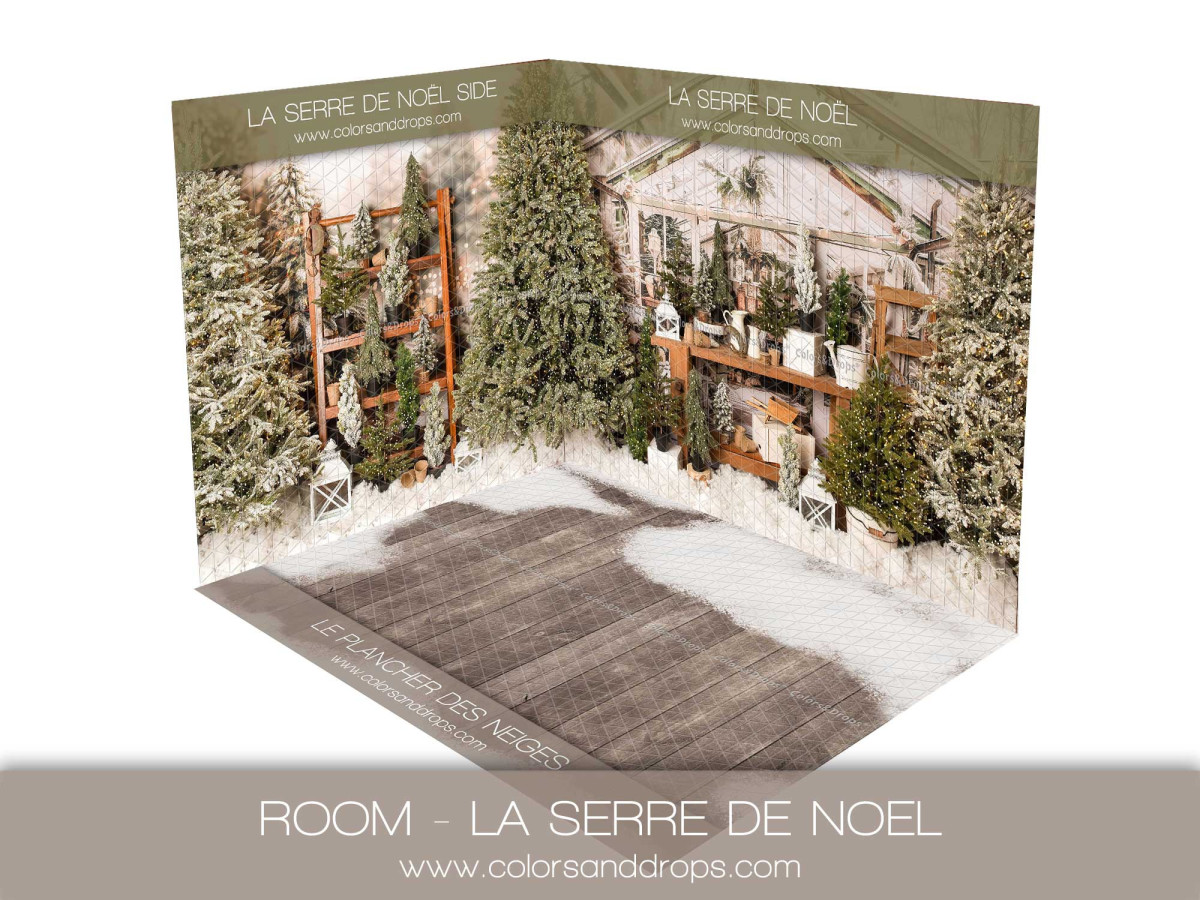 Corner photo backdrop La Serre de Noel – Christmas greenhouse with snowy floor | Colors&Drops