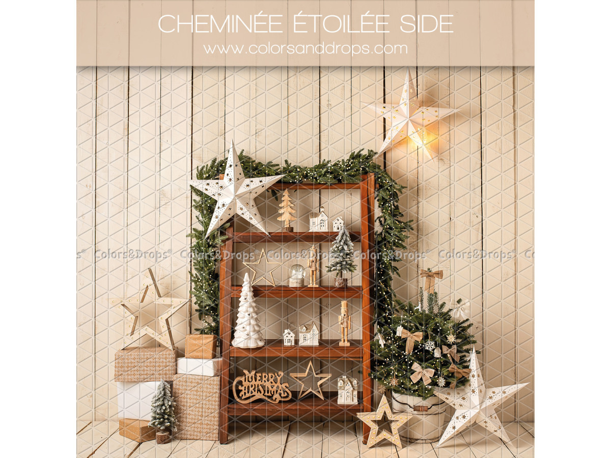 Christmas side photo backdrop Cheminee Etoilee Side – wooden shelf with stars and trees on light wall | Colors&Drops