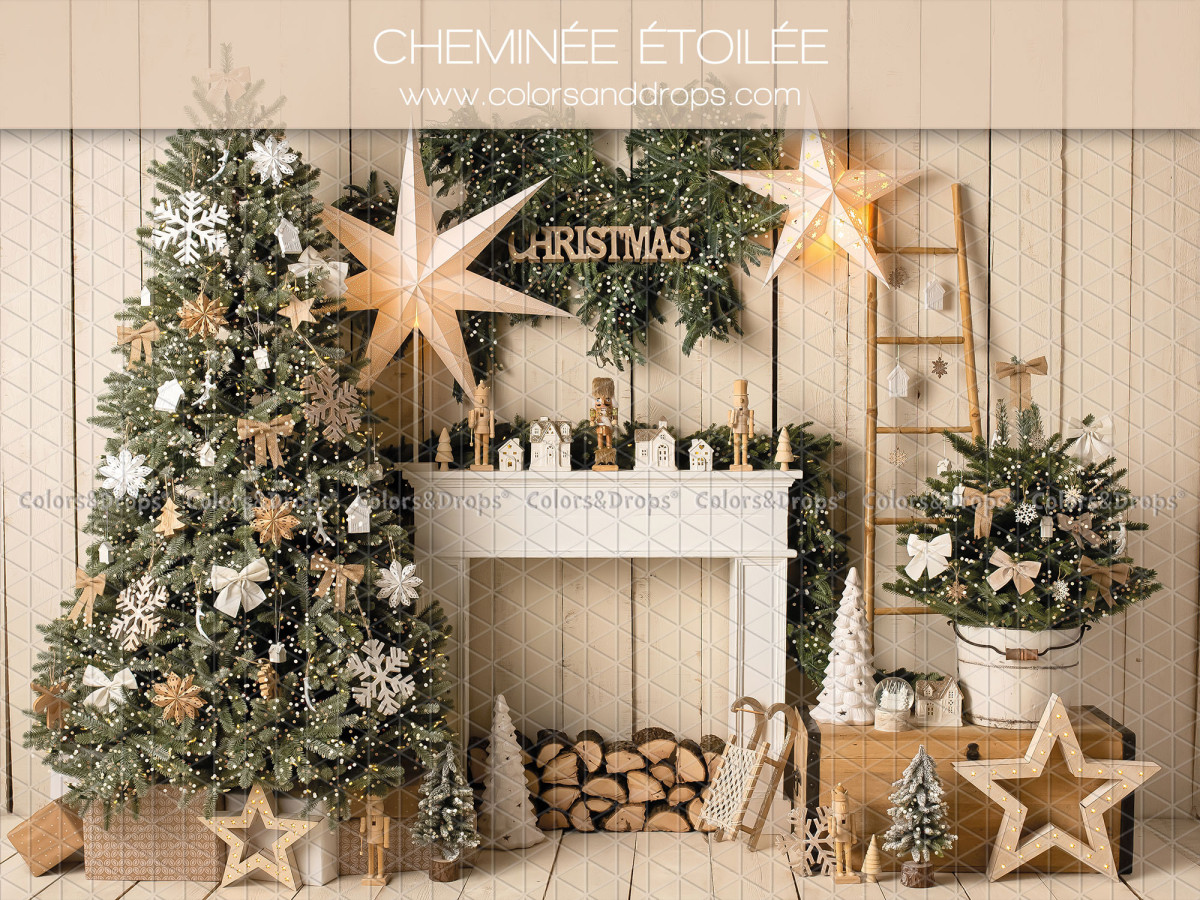 Fondo fotográfico de Navidad Cheminee Etoilee – chimenea blanca con estrellas y árbol de Navidad | Colors&Drops