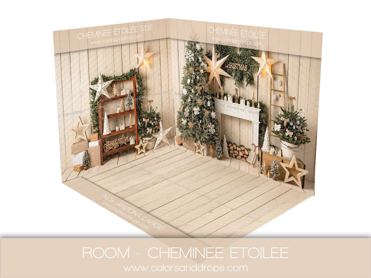 Christmas corner photo backdrop Cheminee Etoilee – starry fireplace with light floor | Colors&Drops