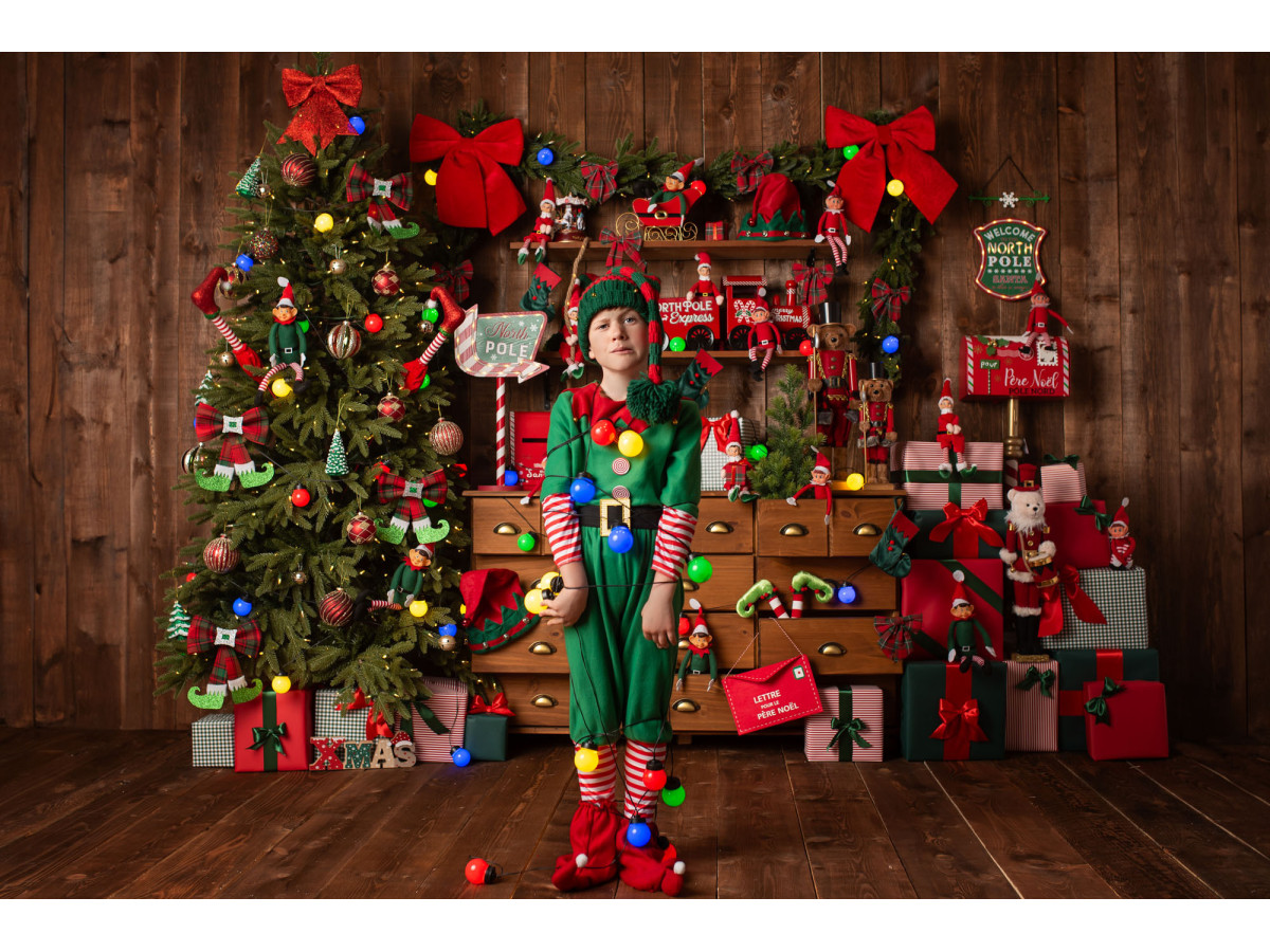 Fondo fotográfico de esquina de Navidad L'Atelier des Lutins Farceurs – taller de duendes con parquet | Colors&Drops