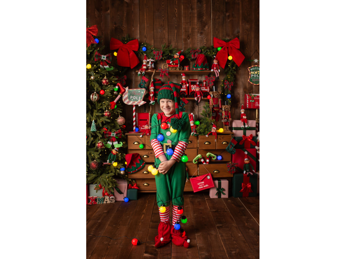Fondo fotográfico de esquina de Navidad L'Atelier des Lutins Farceurs – taller de duendes con parquet | Colors&Drops