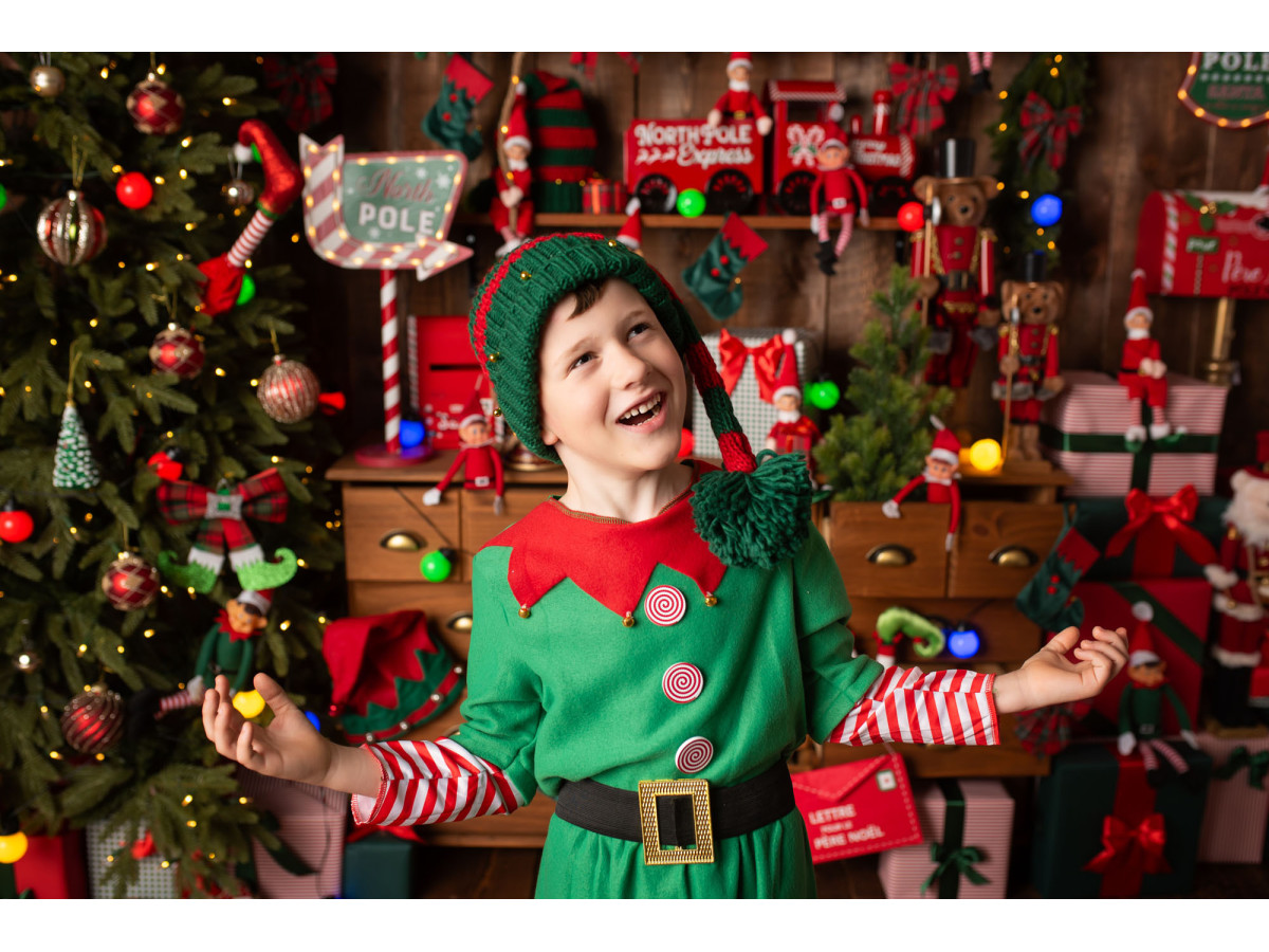 Fondo fotográfico de esquina de Navidad L'Atelier des Lutins Farceurs – taller de duendes con parquet | Colors&Drops
