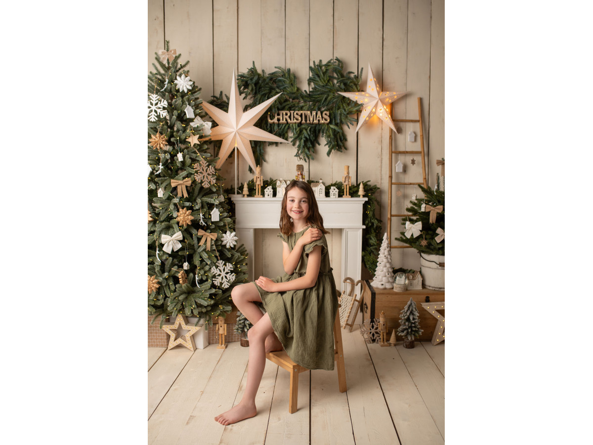 Fondo fotográfico de Navidad Cheminee Etoilee – chimenea blanca con estrellas y árbol de Navidad | Colors&Drops