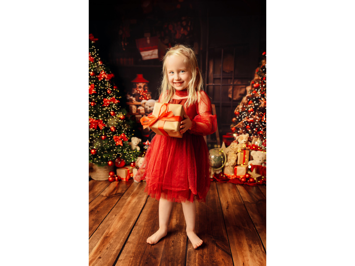 Fond photo de Noël Santas Teddy – oursons en peluche avec cadeaux et sapins de Noël | Colors&Drops