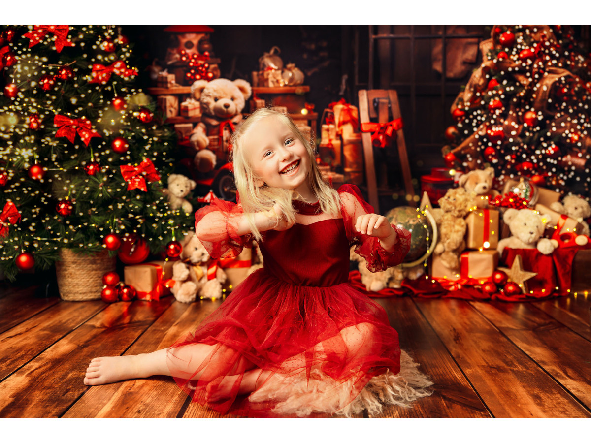 Fond photo de Noël Santas Teddy – oursons en peluche avec cadeaux et sapins de Noël | Colors&Drops
