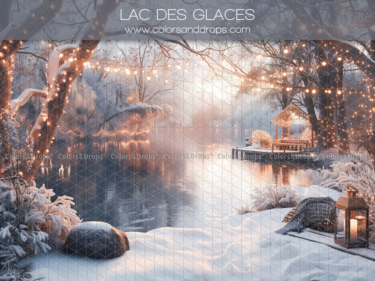 Fond photo de Noël Lac des Glaces – lac gelé avec guirlandes lumineuses et lanternes | Colors&Drops