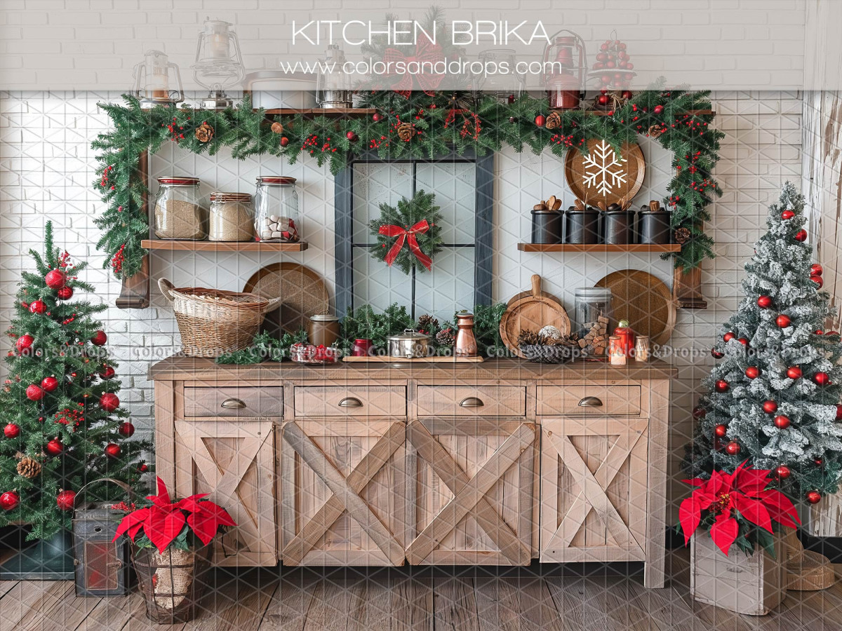Fondo fotográfico de Navidad Kitchen Brika – cocina navideña con mueble de madera y flores de pascua | Colors&Drops