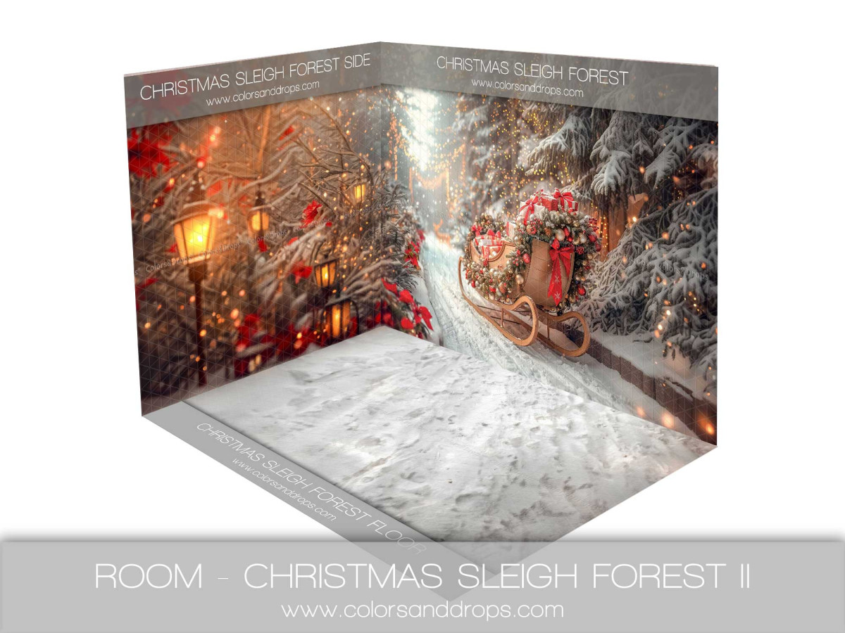 Fond photo d'angle de Noël Santa Sleigh Forest – traîneau de Noël et lanternes en forêt enneigée | Colors&Drops