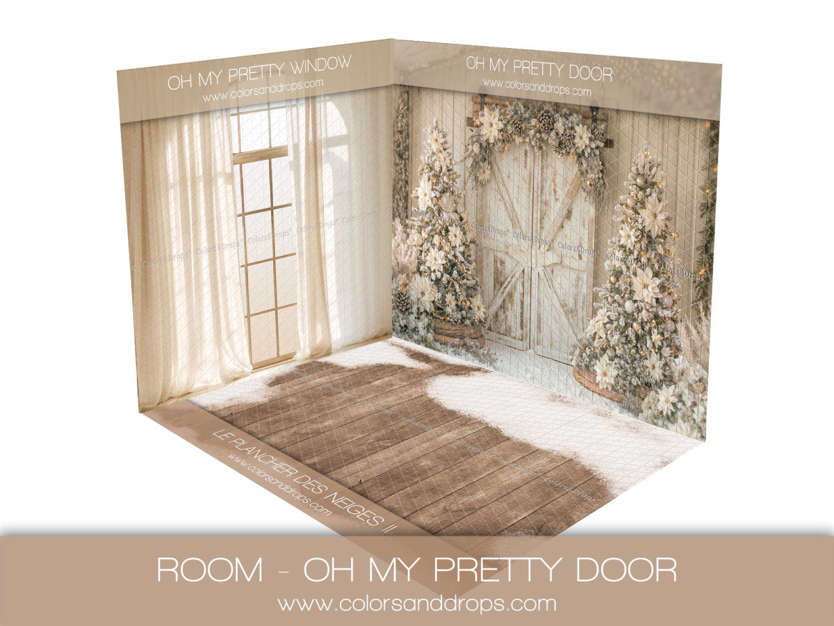 Christmas corner photo backdrop Oh My Pretty Door – window and white barn door | Colors&Drops
