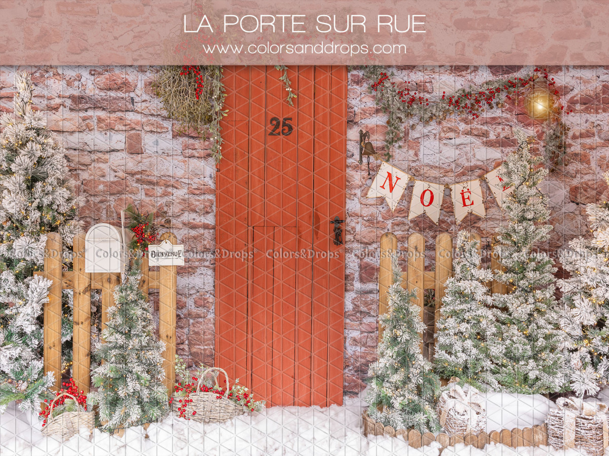 Christmas photo backdrop La Porte sur Rue – red door on snowy brick wall with fir trees | Colors&Drops