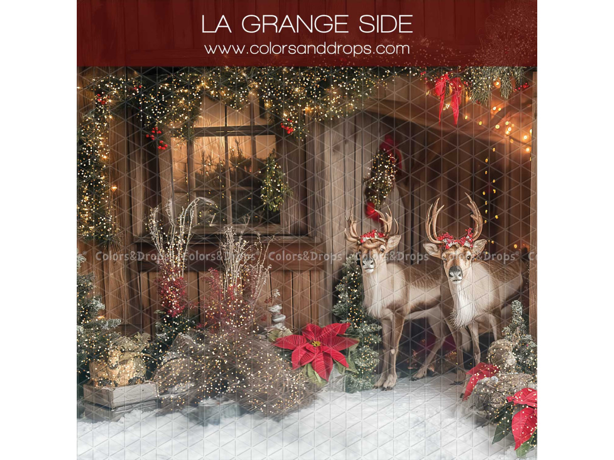 Fondo fotográfico lateral de Navidad La Grange Side – renos en un granero navideño iluminado | Colors&Drops
