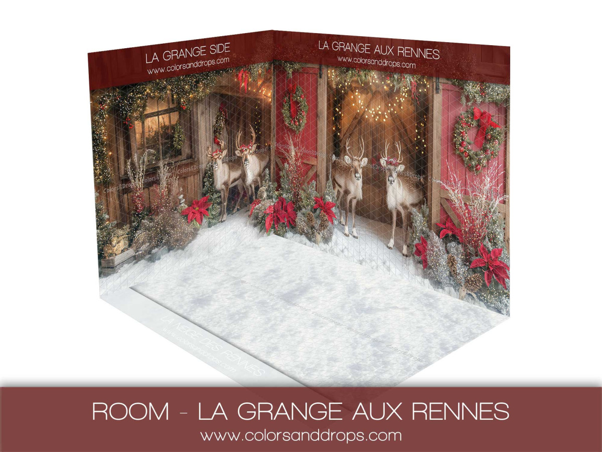 Christmas corner photo backdrop La Grange aux Rennes – reindeer barn with snowy floor | Colors&Drops