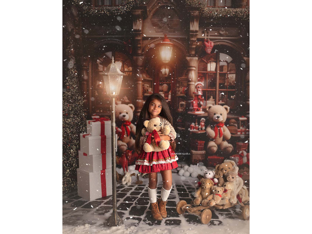Fond photo de Noël Nounours Store – boutique de nounours de Noël avec ours géants et cadeaux | Colors&Drops