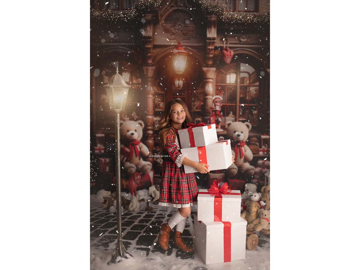 Christmas corner photo backdrop Nounours Store + Cailloux des Neiges – Christmas teddy bear shop room set with | Colors&Drops