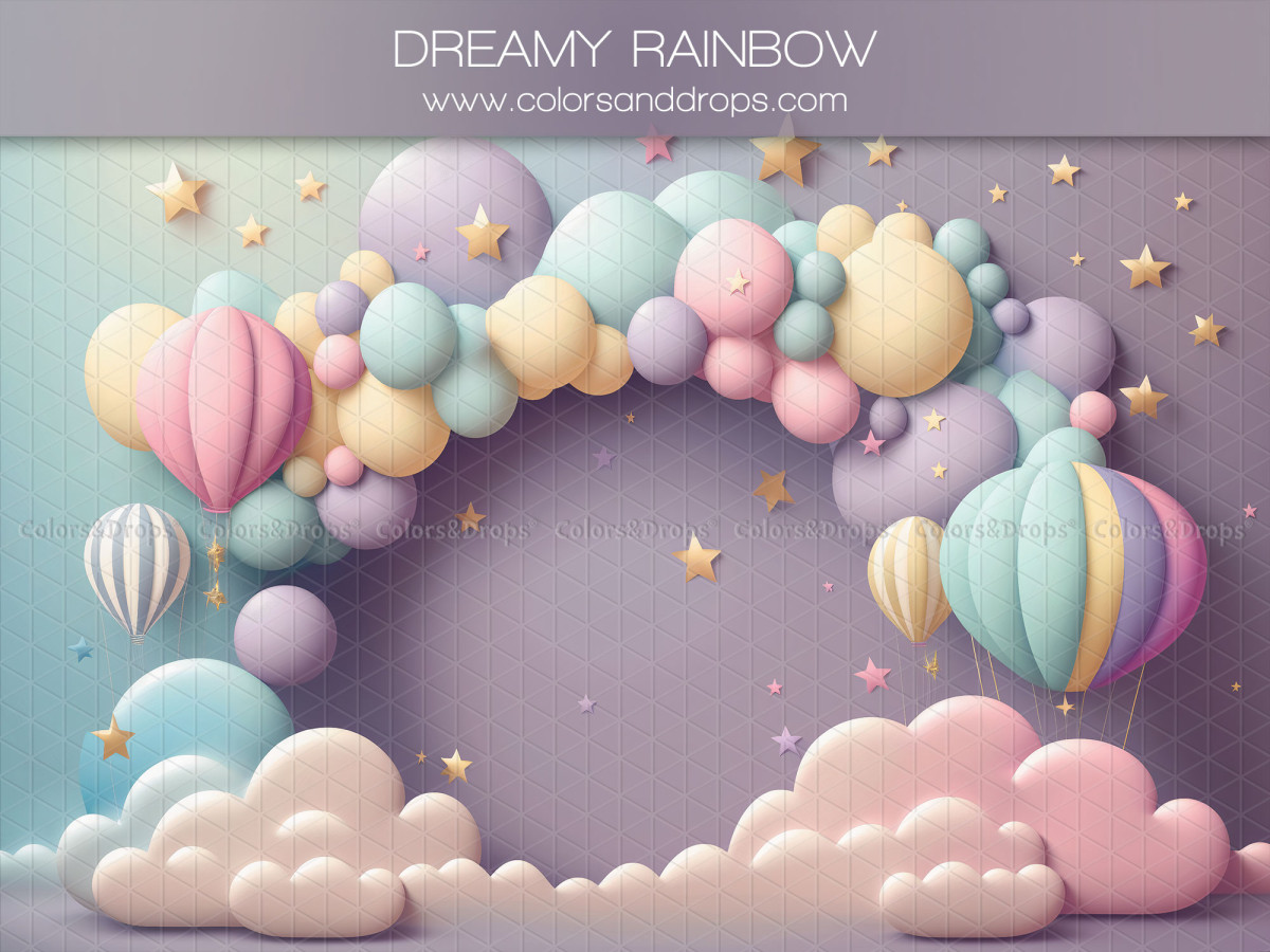 Fondo fotográfico de bebé y smash cake Dreamy Rainbow – arco de globos pastel con globos aerostáticos y nubes | Colors&Drops