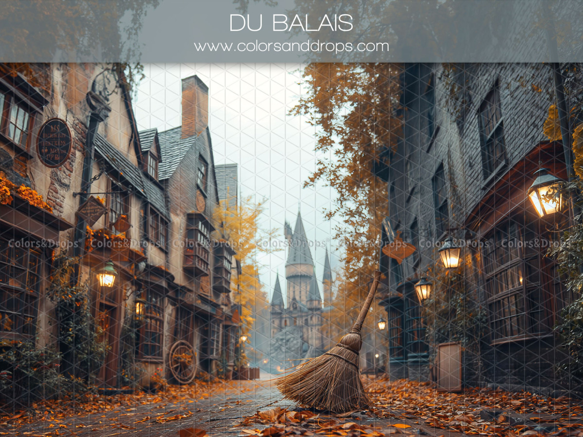 Fond photo bébé et smash cake Du Balais – rue de village ancien avec château et balai | Colors&Drops