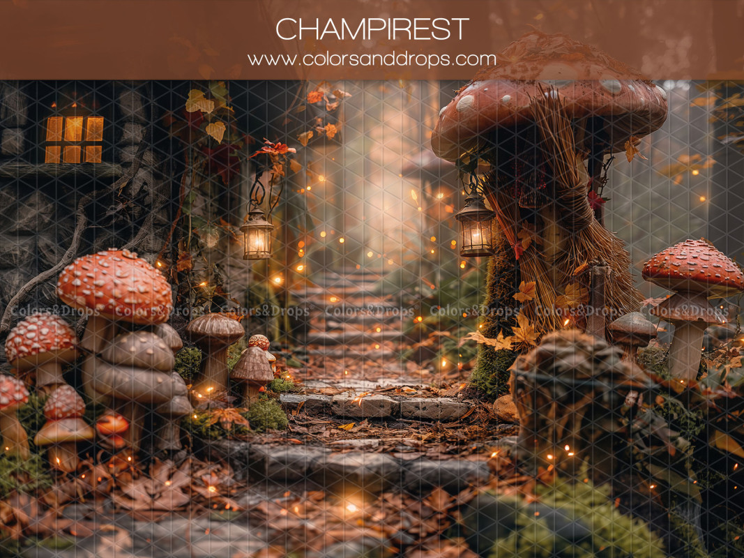 Fond photo bébé et smash cake Champirest – chemin d'escaliers dans une forêt de champignons | Colors&Drops