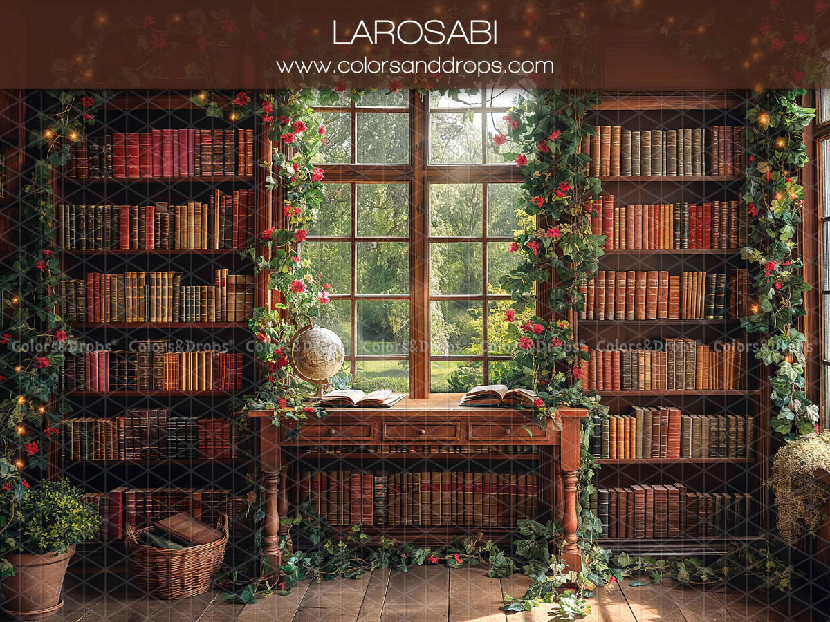 Baby & cake smash photo backdrop Larosabi – old library with large window and desk | Colors&Drops