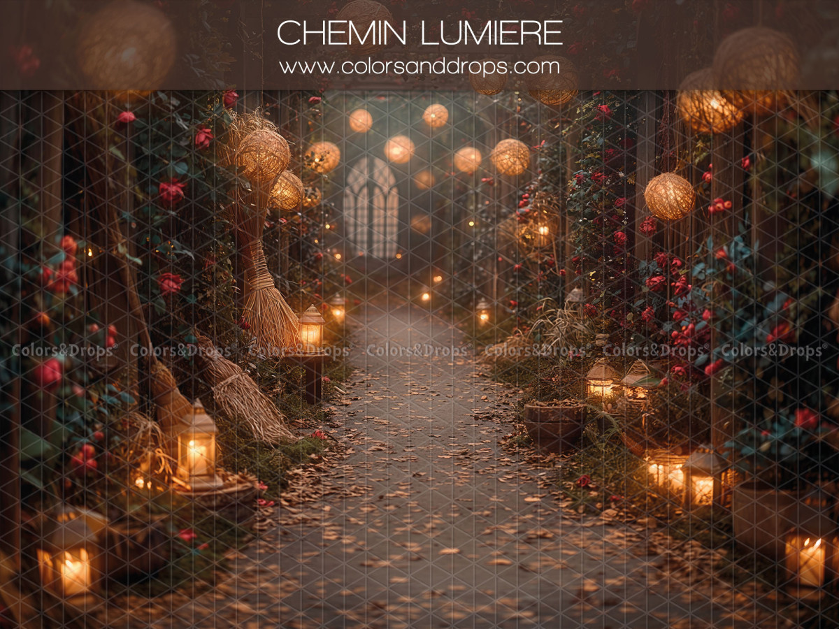Fond photo bébé et smash cake Chemin de Lumiere – allée d'automne illuminée de lanternes | Colors&Drops