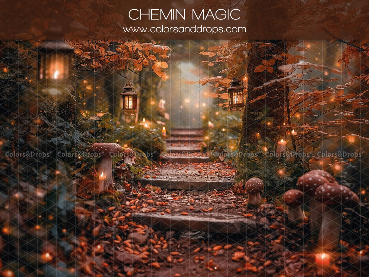 Fond photo bébé et smash cake Chemin Magic – escalier de pierre en forêt avec lanternes et champignons | Colors&Drops