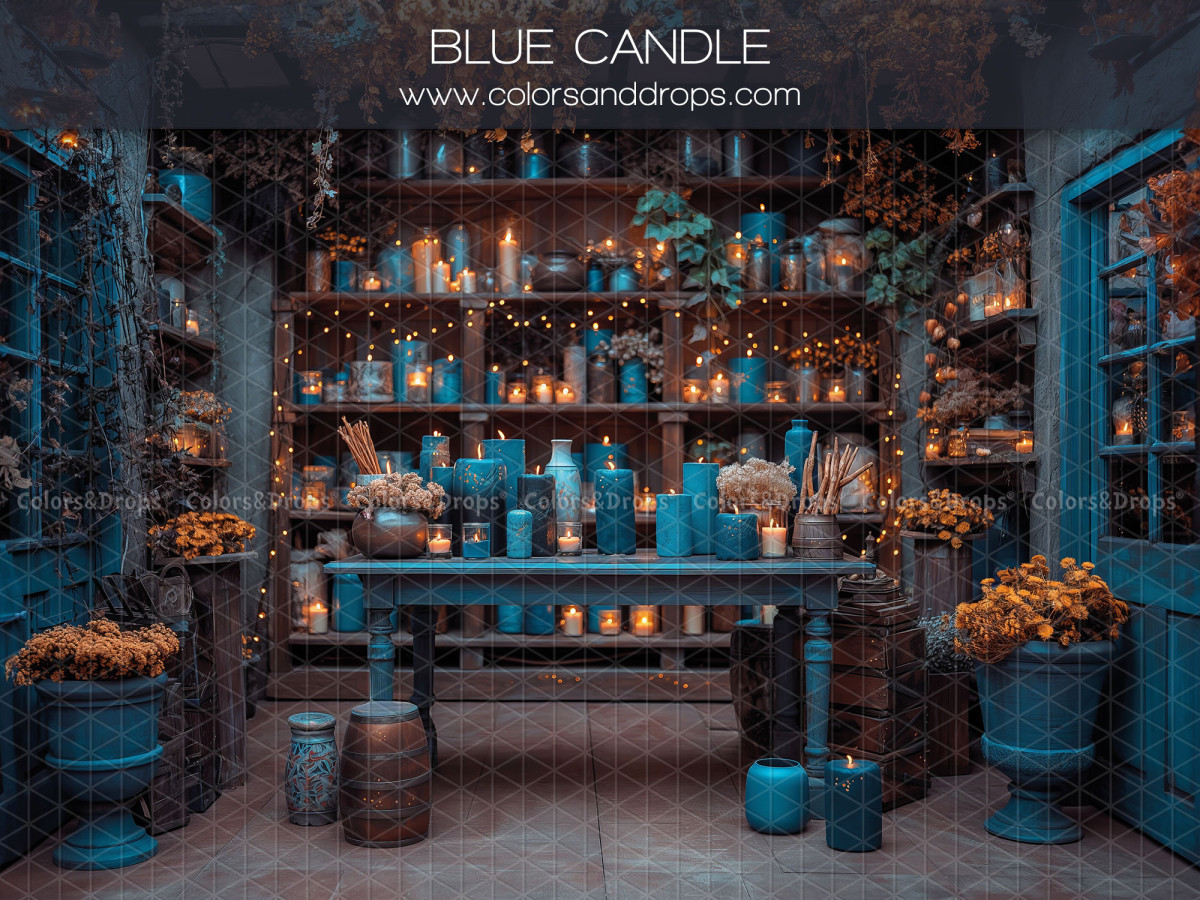 Baby & cake smash photo backdrop Blue Candle – blue apothecary shop with bottles and candles | Colors&Drops