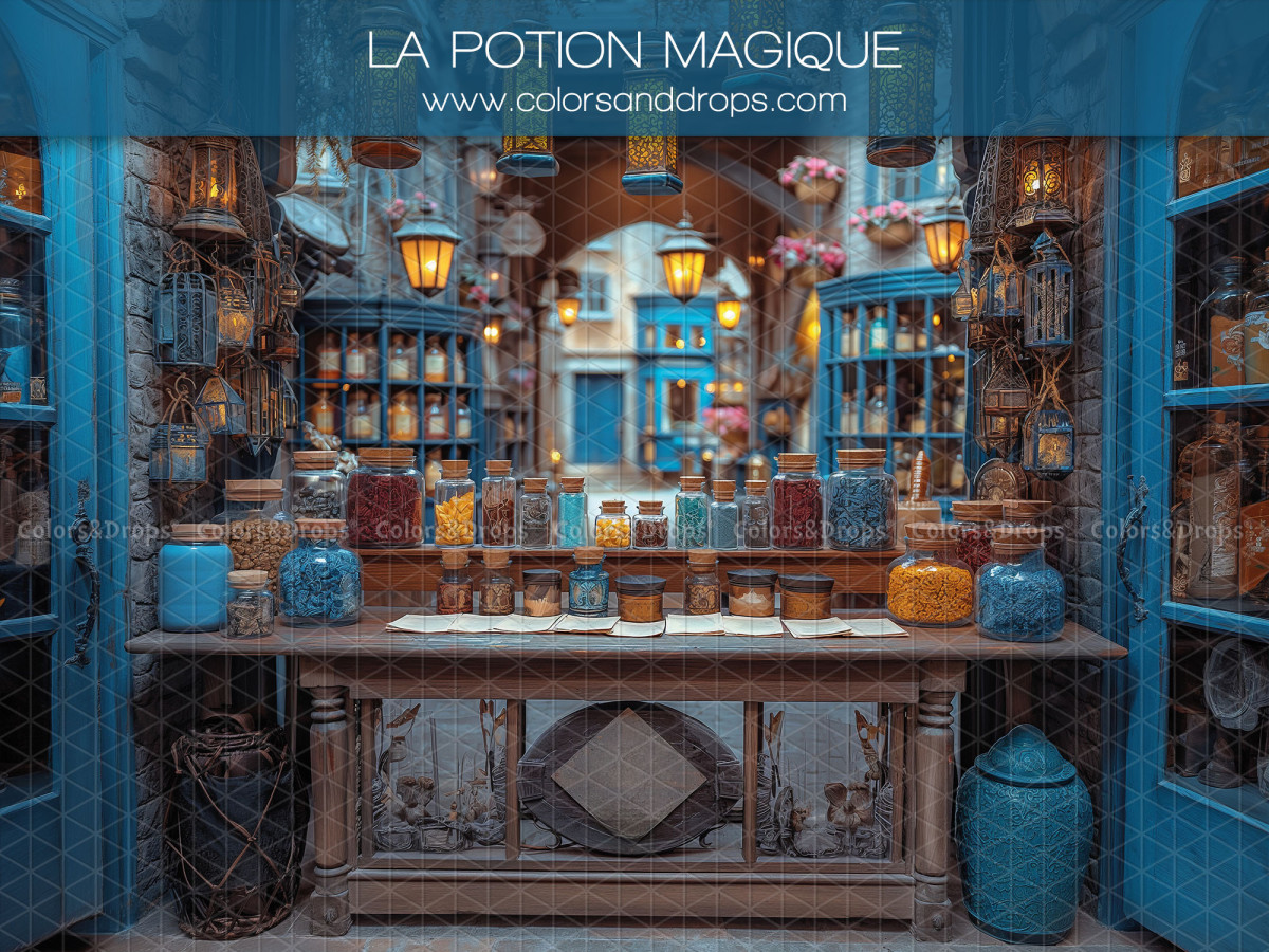 Baby & cake smash photo backdrop La Potion Magique – blue potion shop with jars and workbench | Colors&Drops