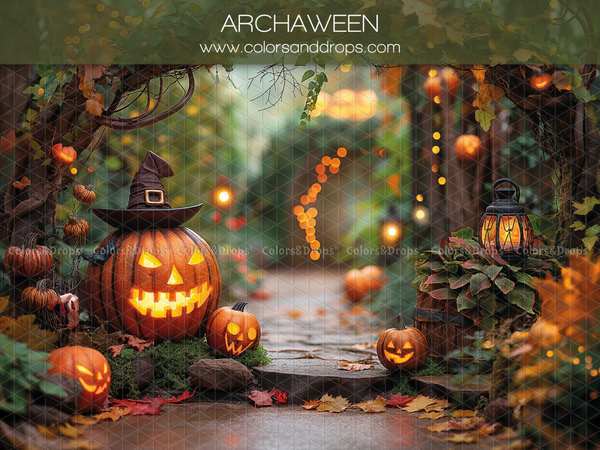 Fond photo d'Halloween Archaween – arche de citrouilles et lanternes en forêt | Colors&Drops