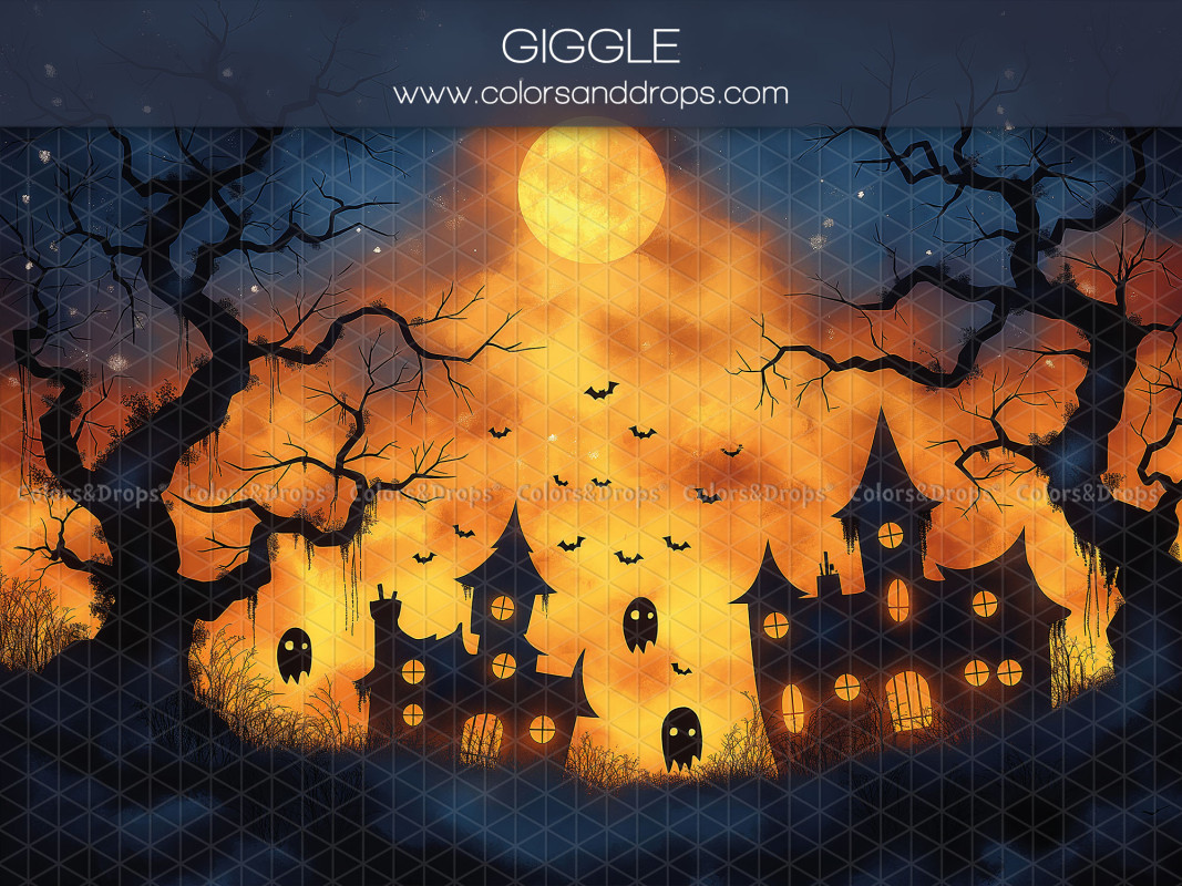 Fond photo d'Halloween Giggle – silhouettes de maisons hantées sous la pleine lune | Colors&Drops