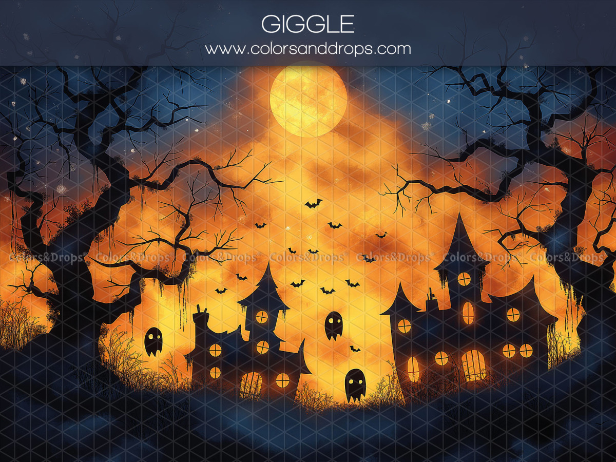 Fond photo d'Halloween Giggle – silhouettes de maisons hantées sous la pleine lune | Colors&Drops