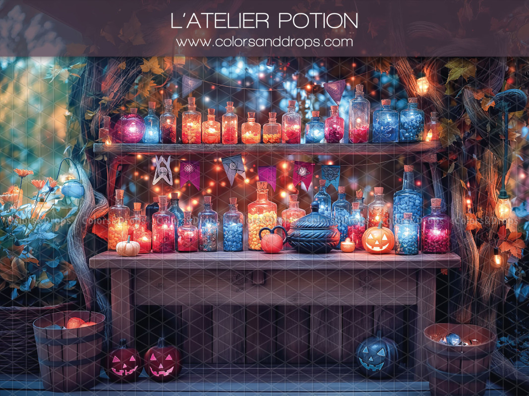 Fond photo d'Halloween L'Atelier Potion – atelier de potions avec fioles lumineuses | Colors&Drops